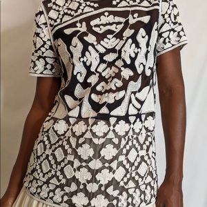 Everleigh Embroidered Mesh Top Size S Black Ivory cream Short Sleeve Boho